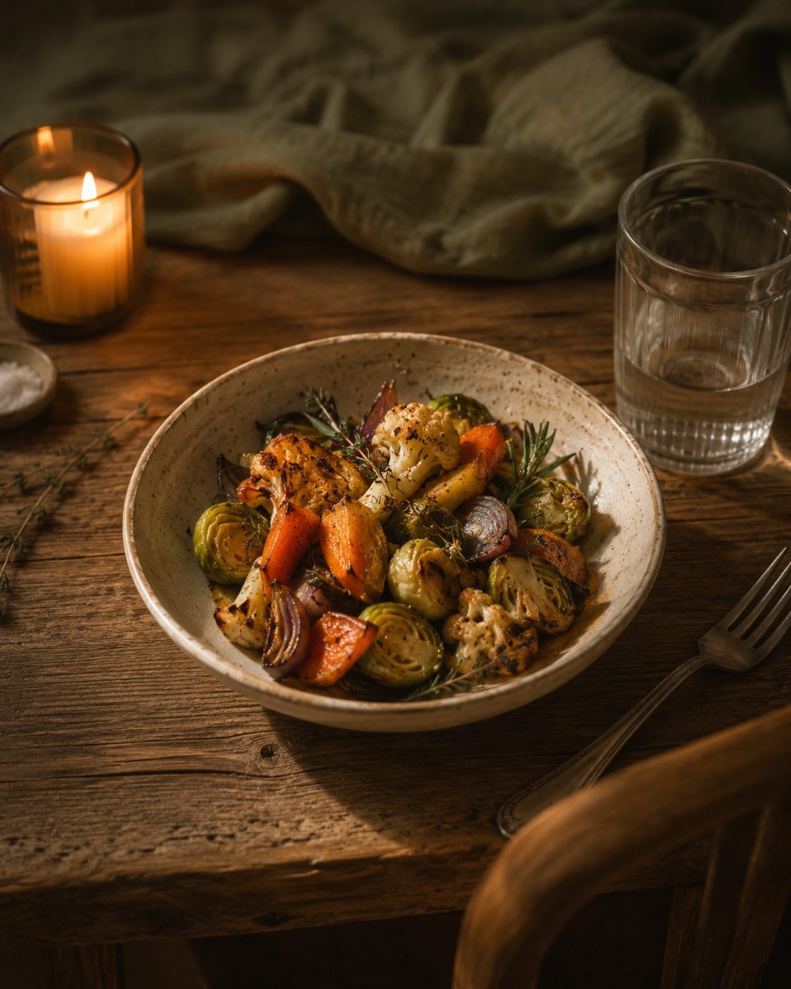 cuenco de verduras asadas a la luz de una vela